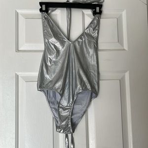 Halloween/rave/sorority rush event silver holographic tie up bodysuit for women